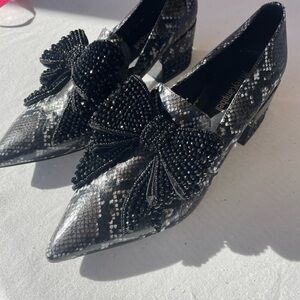 Jeffrey Campbell Black and Gray Snakeskin Heels with Beaded Bow